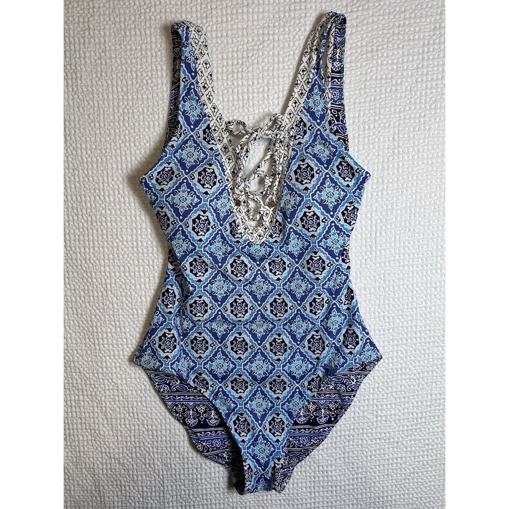 Tommy Bahama Reversible One Piece Swimsuit Blue Tile Print Lace Up Size 4